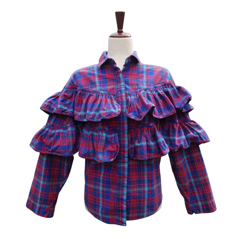Vintage Western Ruffle Blouse Size XL/2XL Prairie Frontier Cowgirl Plaid Rodeo